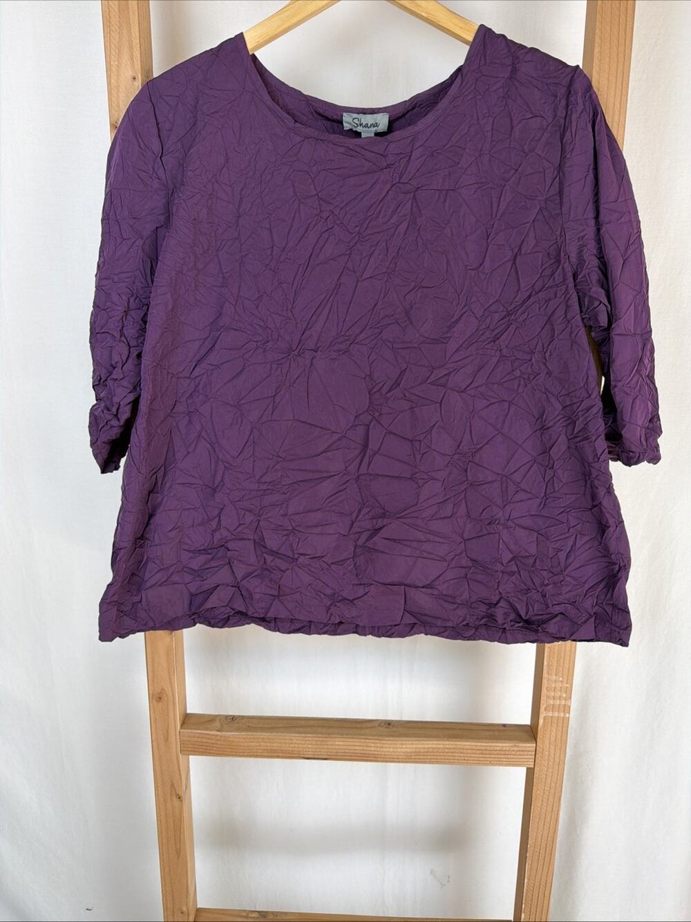 NWT Shana Purple Round Neck 3/4 Sleeve Crinkle Top #0924 Size LG